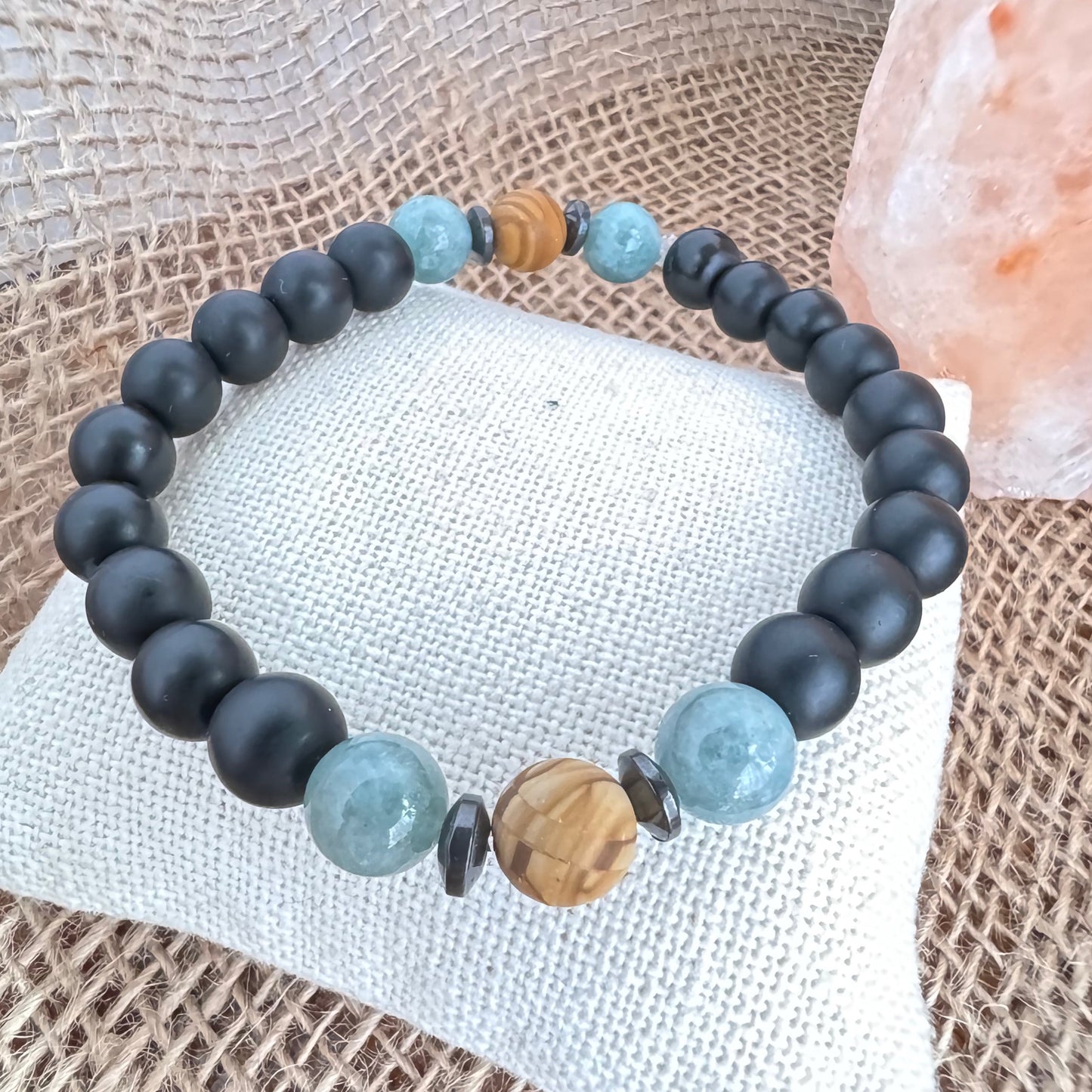 Matte Black Onyx, Jade and Jasper Beaded Stretch Bracelet 8mm - Luck, Peace, Harmony