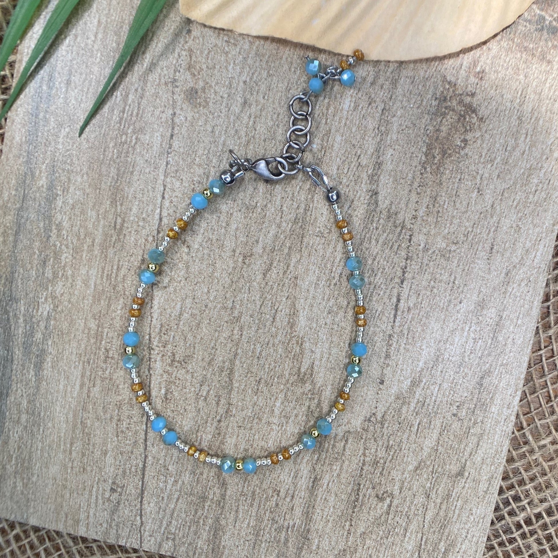 Blue crystal and silver seed bead ankle bracelet