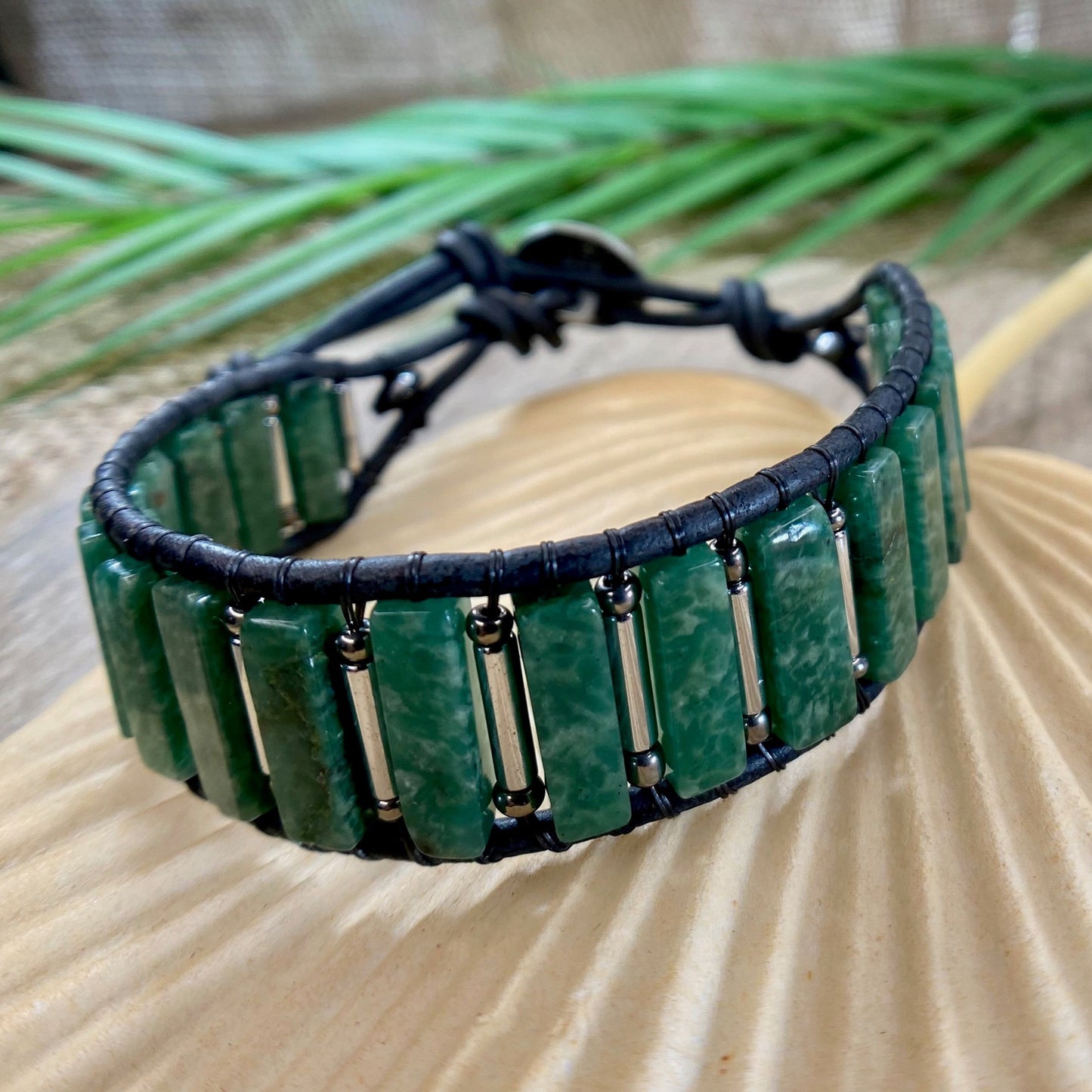 African Jade & Hematite Beaded Black Leather Bracelet - No Negative Energy Here