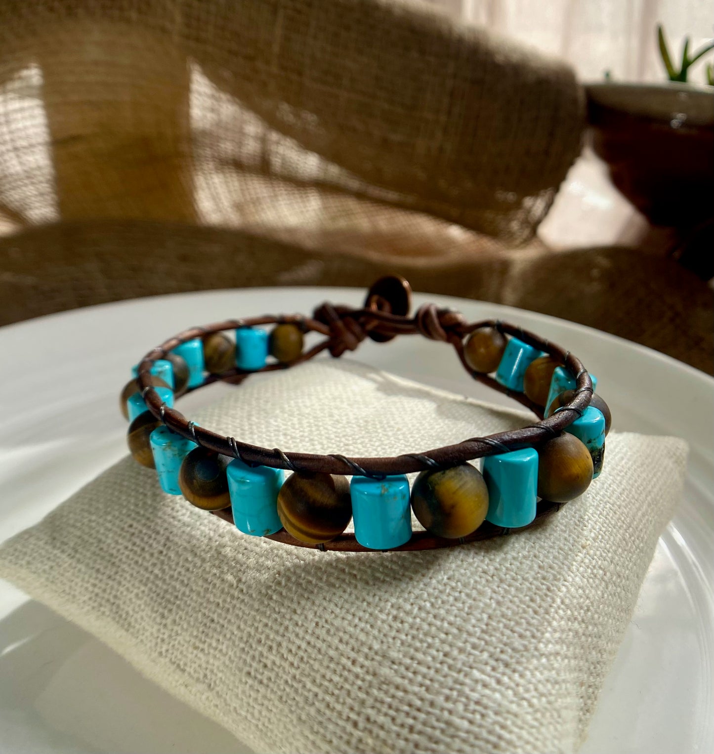 Blue Turquoise Beaded Brown Leather Bracelet with Tiger Eye