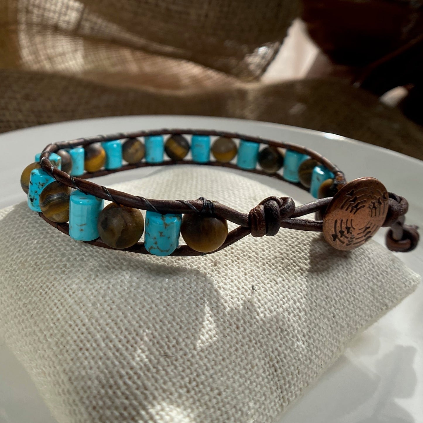 Blue Turquoise Beaded Brown Leather Bracelet with Tiger Eye