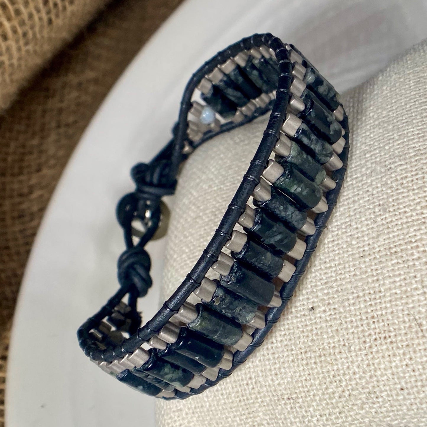 Mens Picasso Serpentine and Matte Silver Beaded Black Leather Bracelet