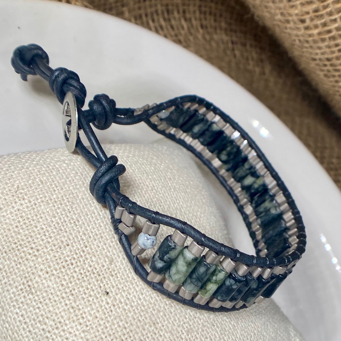 Mens Picasso Serpentine and Matte Silver Beaded Black Leather Bracelet