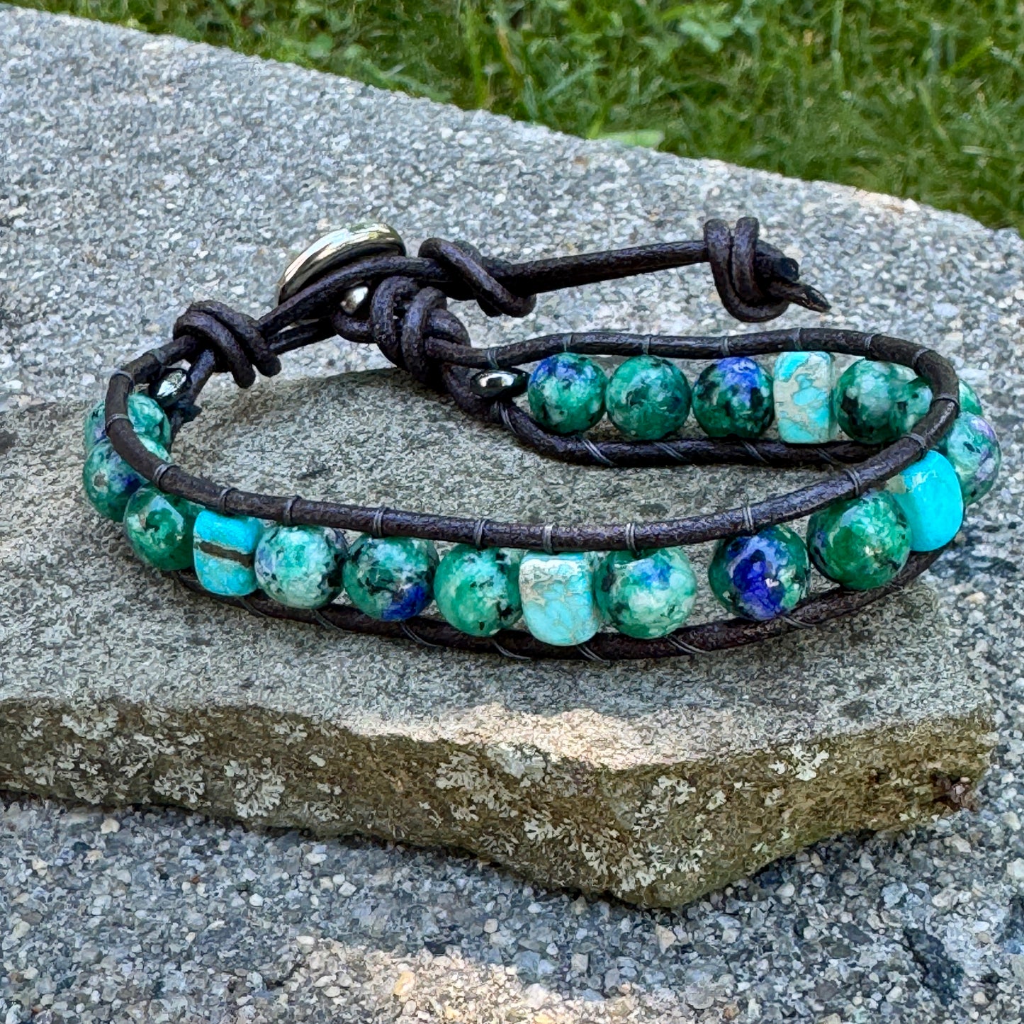 Men’s Blue Green Jade & Imperial Jasper Bracelet Black Leather 7-8mm Gemstone