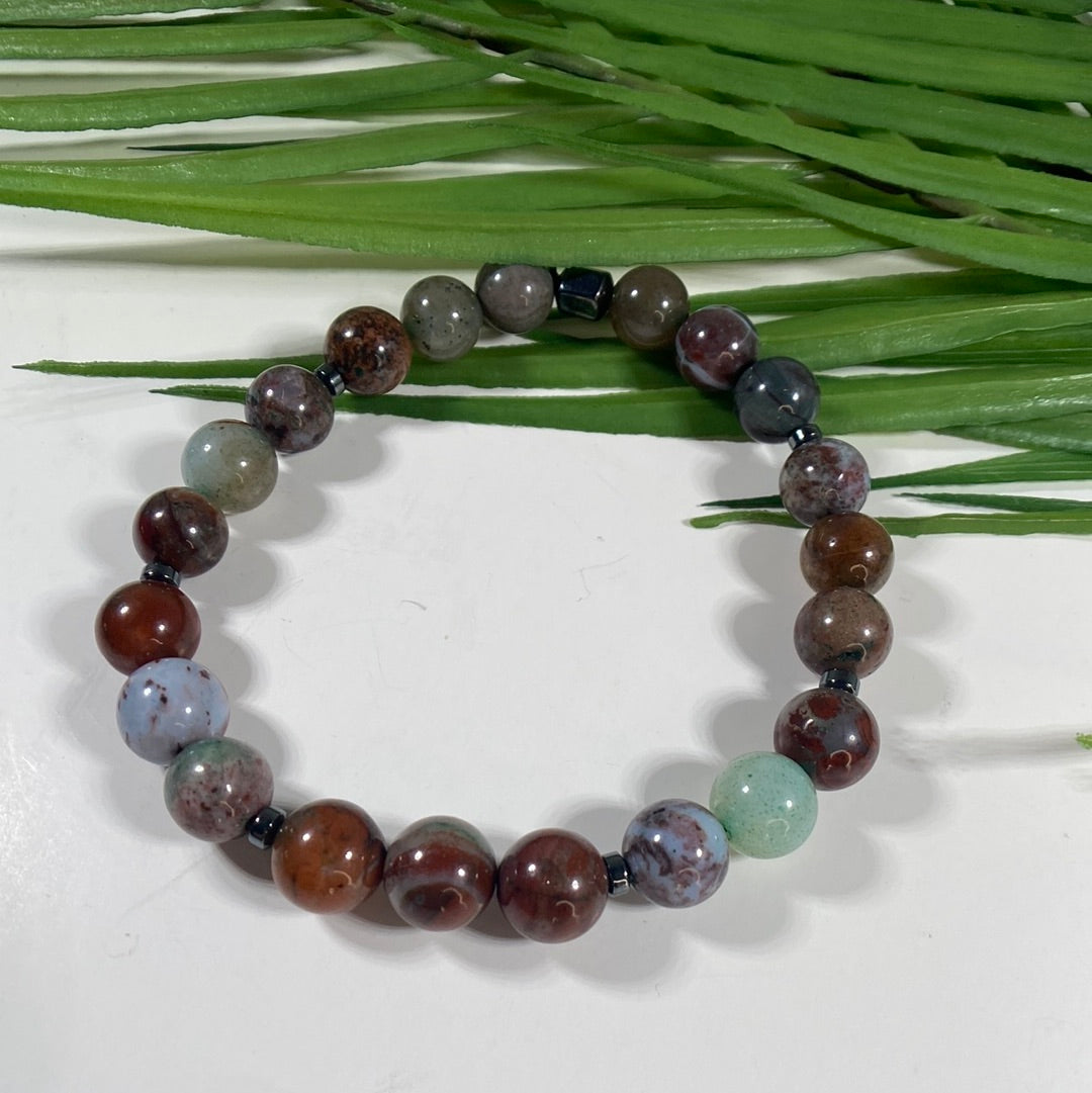 Rare Tibetan Pyrite Green Jade Beaded Stretch Bracelet 8mm - Luck, peace and guidance