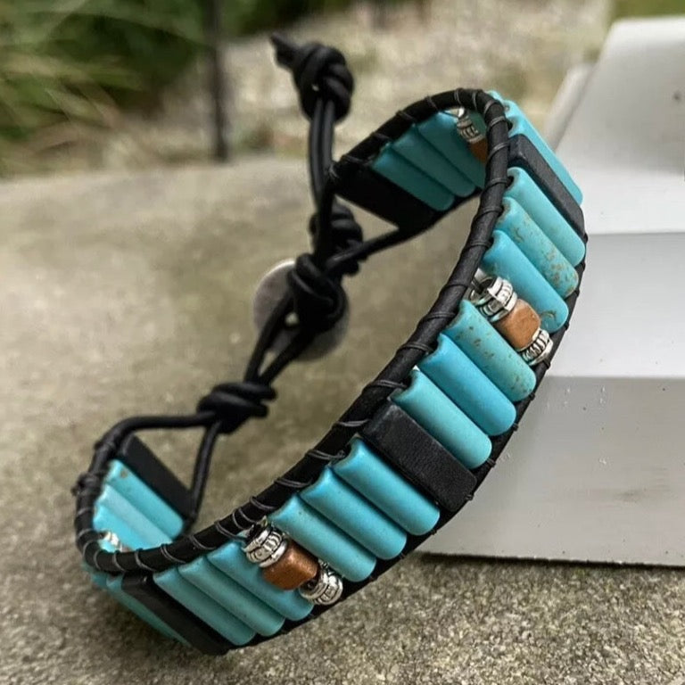 Turquoise and Blackstone Beaded Black Leather Bracelet