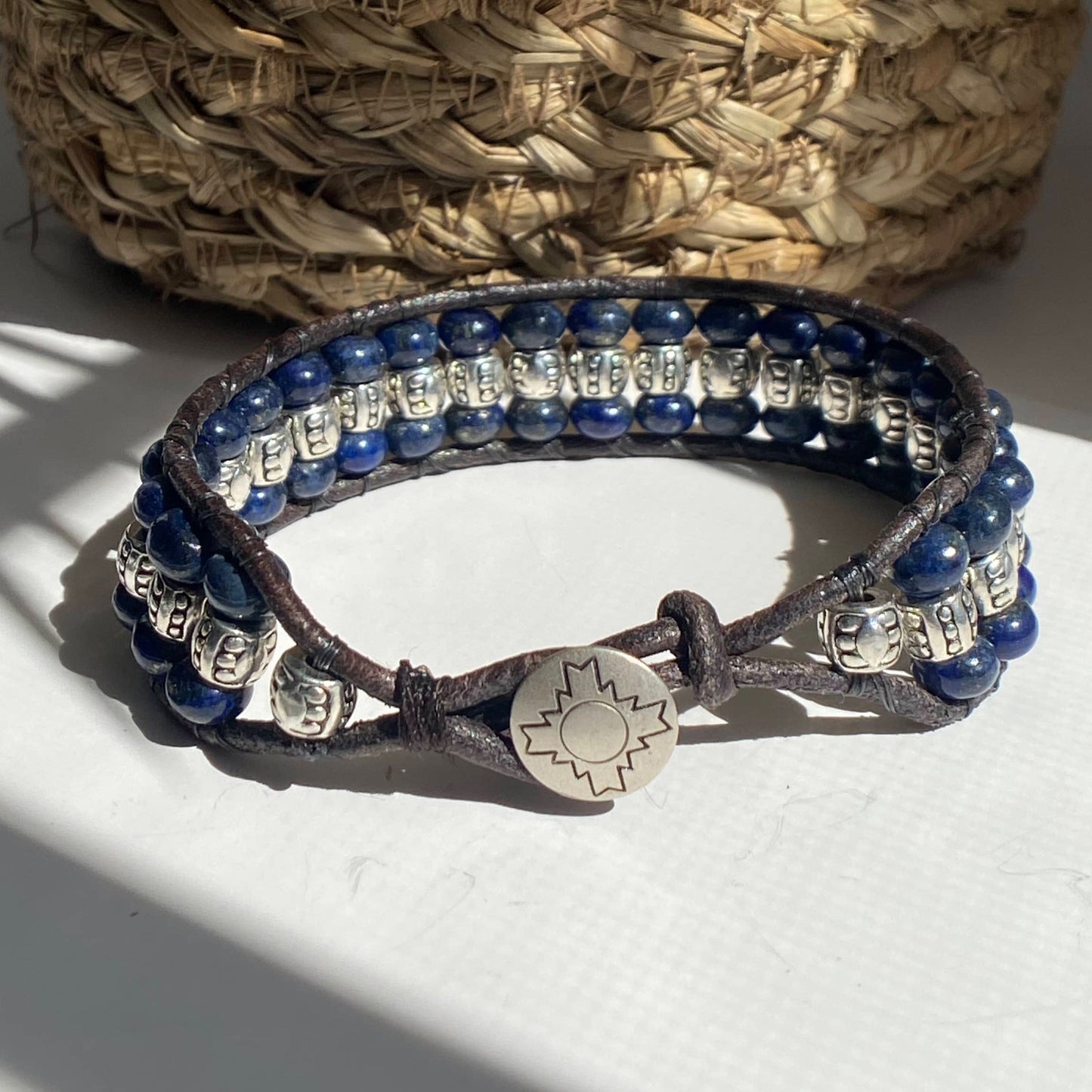 Blue Lapis Silver Beaded Black Leather Bracelet - Connect