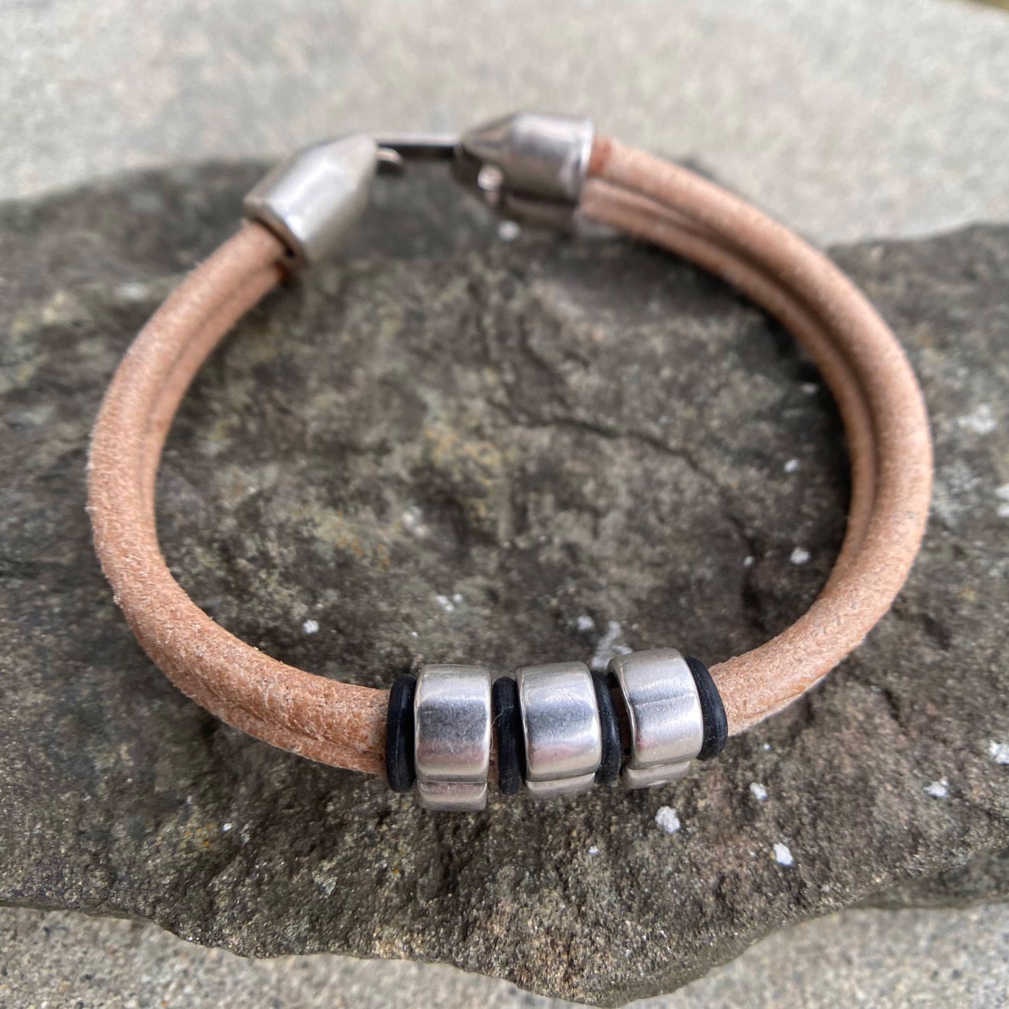 Natural Leather Cord Bracelet with Antique Silver
