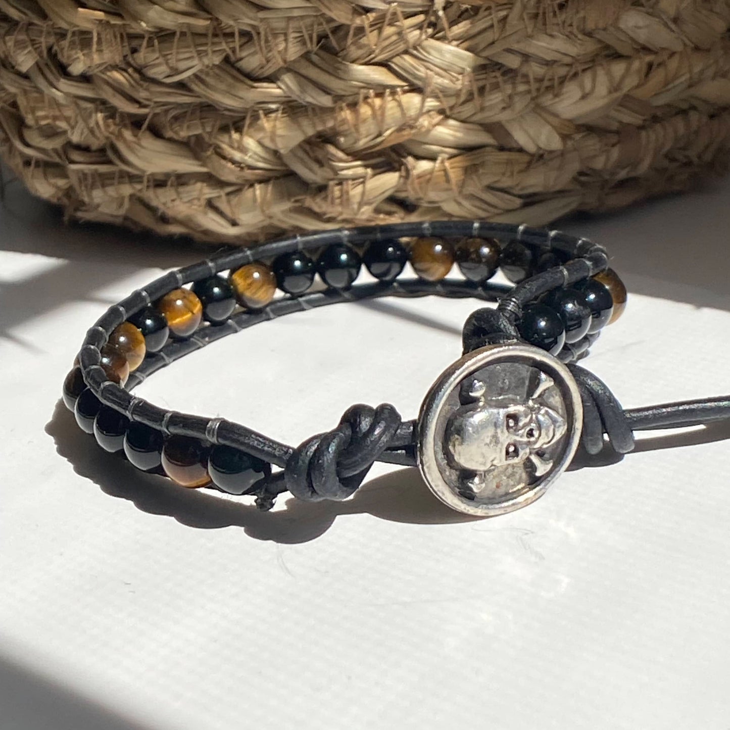 Tiger Eye and Black Obsidian Beaded Black Leather Bracelet with Skull Clasp