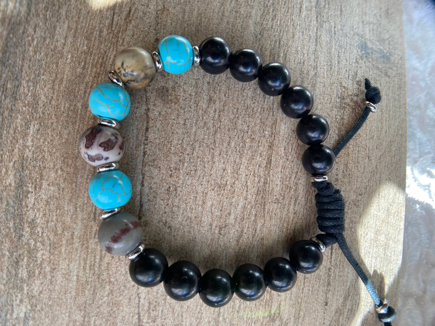 Turquoise & Jasper 10mm Beaded Bracelet, Adjustable Cord Bracelet, Multicolor