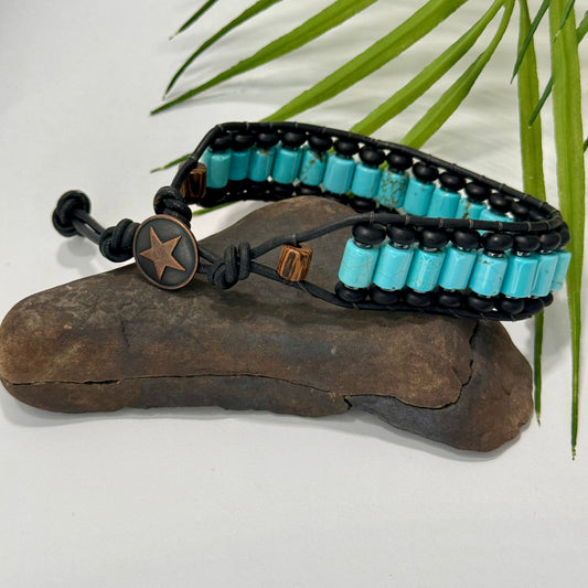 Turquoise and Onyx Beaded Black Leather Bracelet - Stability and Protection