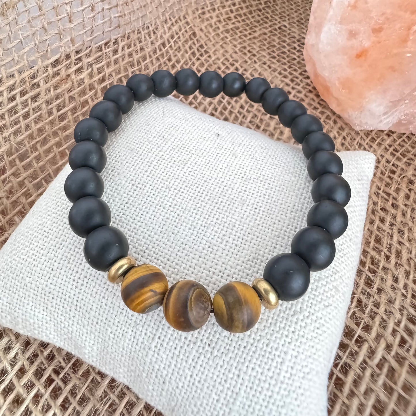 Matte Tiger Eye and Black Onyx Beaded Stretch Bracelet 8mm - Strengthen & Stamina