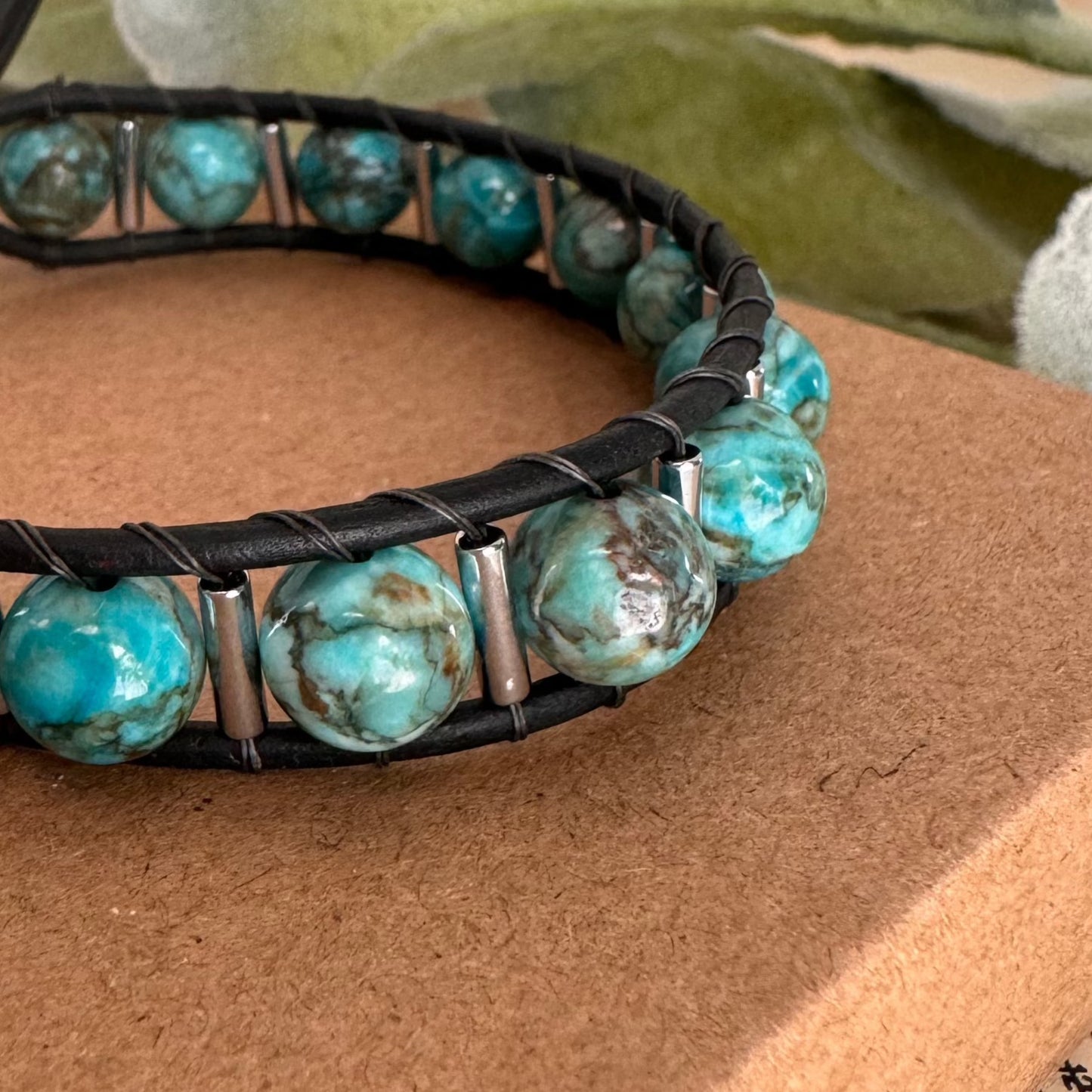 Turquoise Magnesite Beaded Black Leather Bracelet - Blue Water