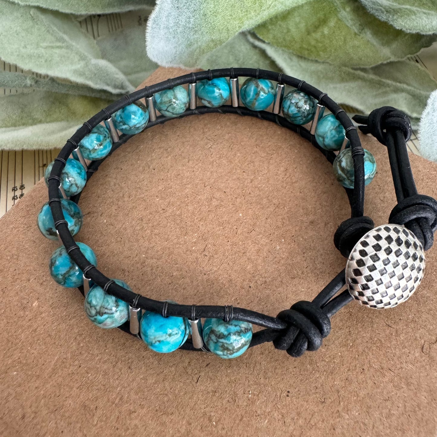 Turquoise Magnesite Beaded Black Leather Bracelet - Blue Water