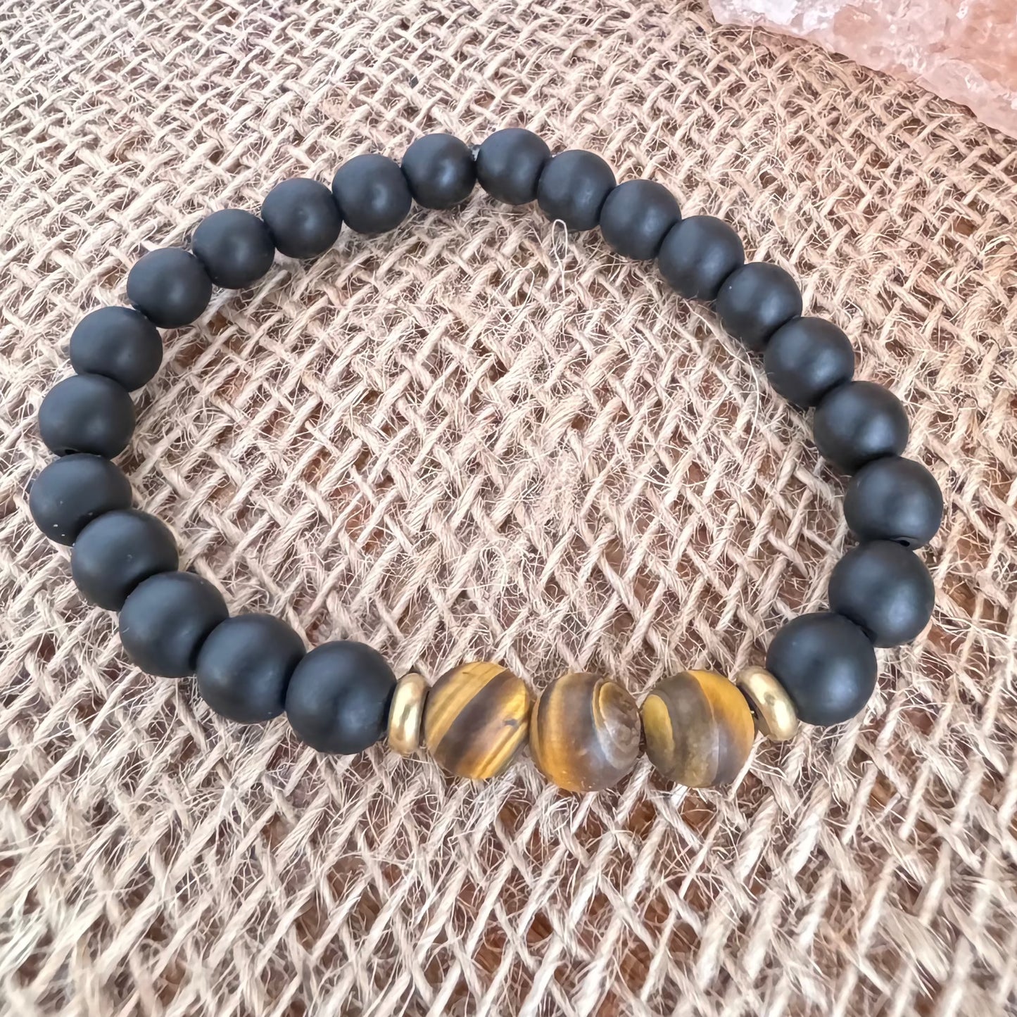 Matte Tiger Eye and Black Onyx Beaded Stretch Bracelet 8mm - Strengthen & Stamina