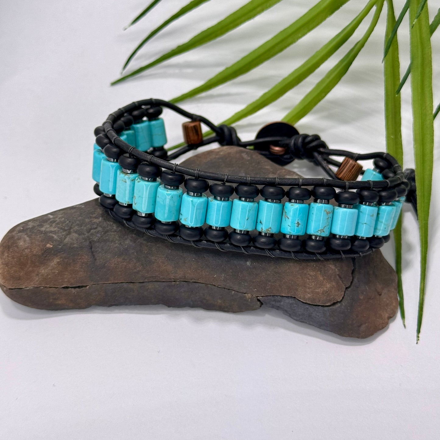 Turquoise and Onyx Beaded Black Leather Bracelet - Stability and Protection