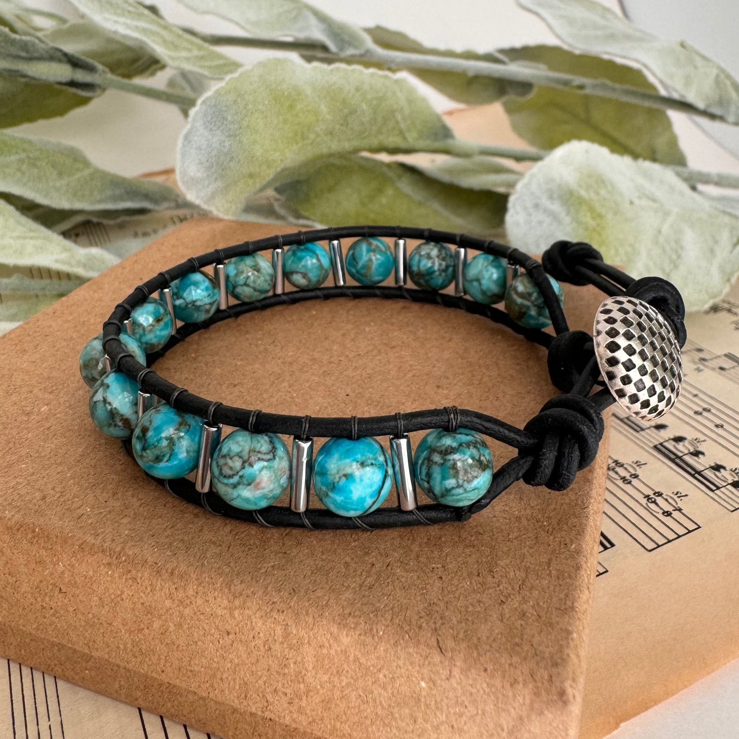 Turquoise Magnesite Beaded Black Leather Bracelet - Blue Water