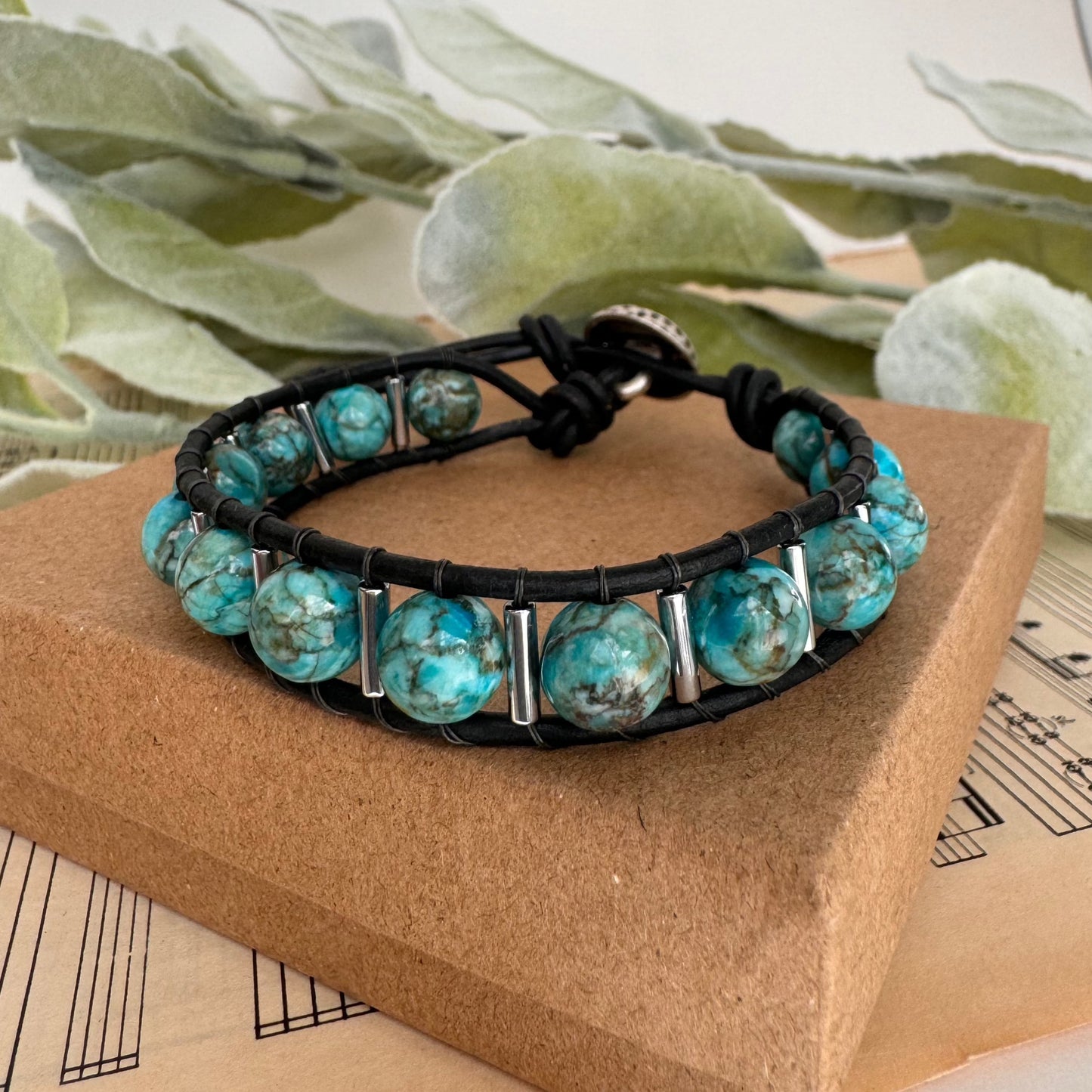 8mm blue magnesite turquoise beaded leather bracelet