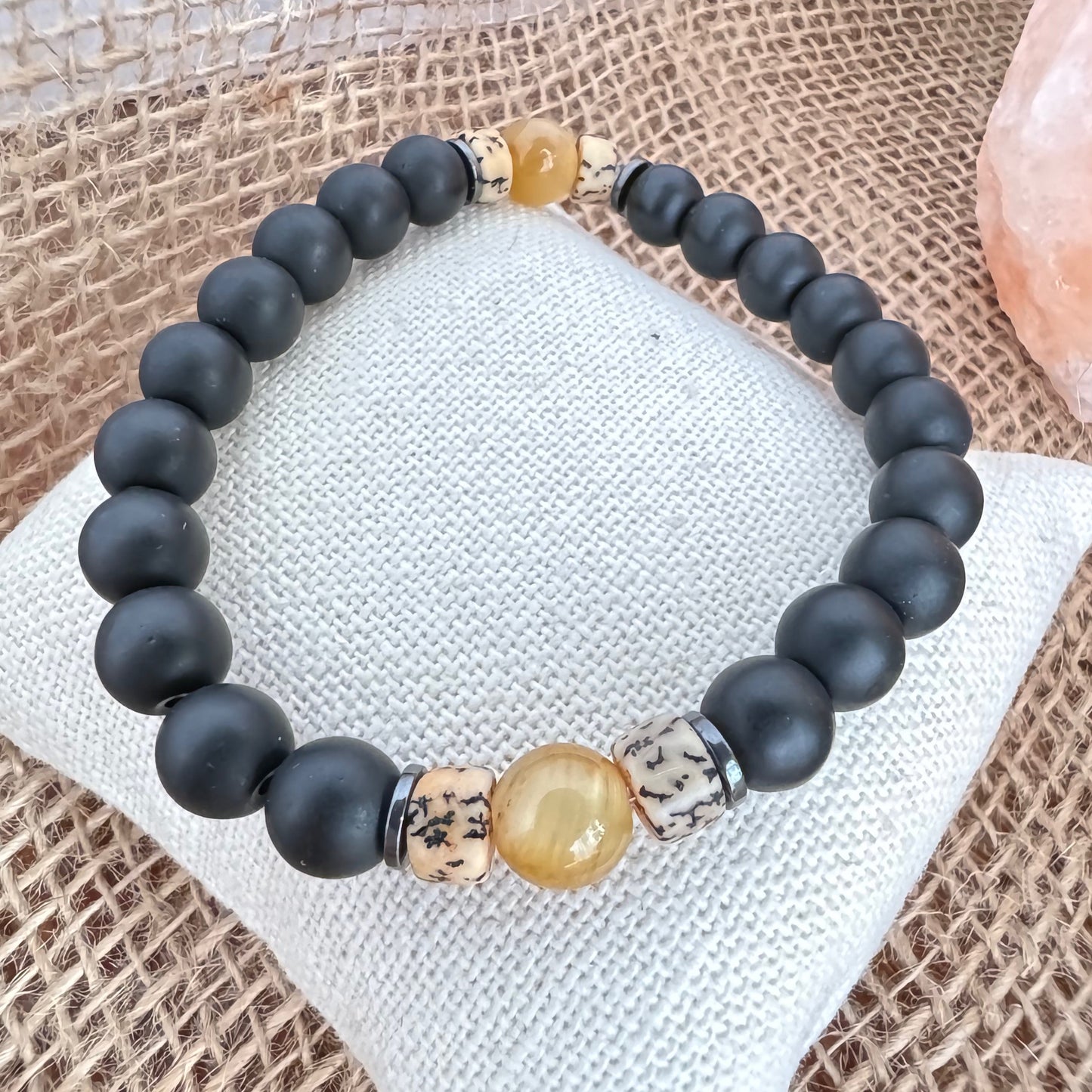 Matte Black Onyx with Gold Tiger Eye Beaded Stretch Bracelet 8mm - Strengthen & Stamina