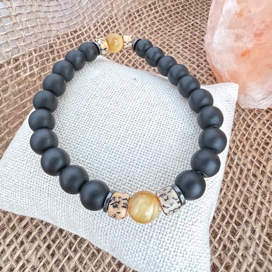 Matte Black Onyx with Gold Tiger Eye Beaded Stretch Bracelet 8mm - Strengthen & Stamina