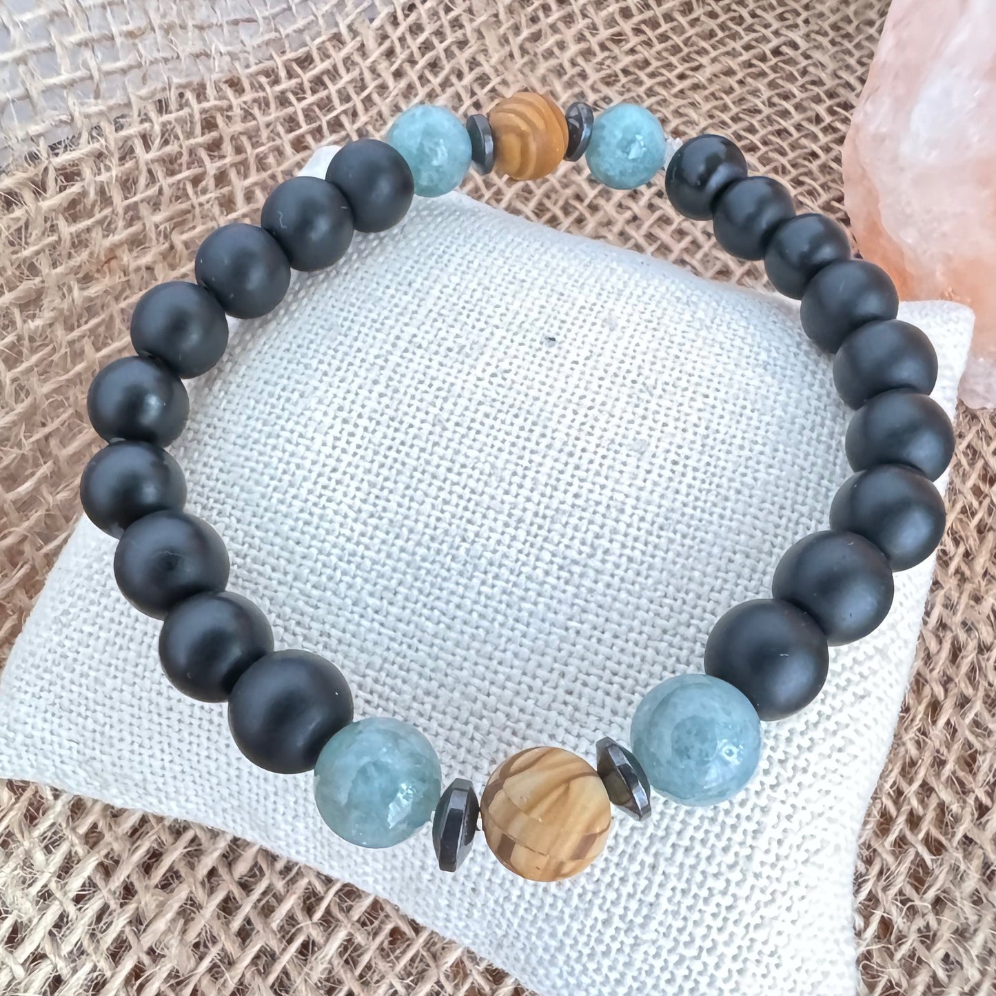 Matte Black Onyx, Jade and Jasper Beaded Stretch Bracelet 8mm - Luck, Peace, Harmony