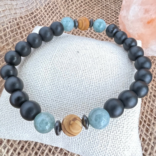 Matte Black Onyx, Jade and Tiger Skin Jasper Beaded Stretch Bracelet