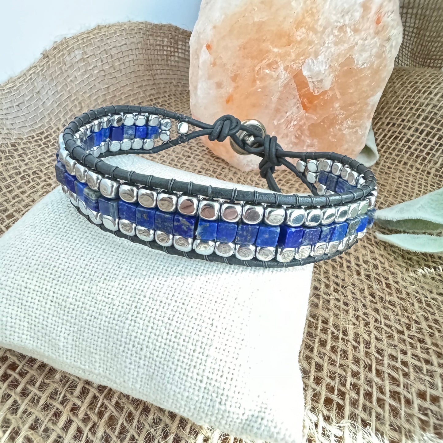 Lapis and Hematite Beaded Men’s black Leather Wrap Bracelet