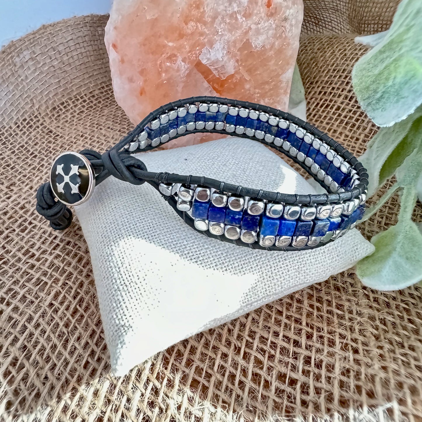 Lapis And Hematite Beaded Men’s  black Leather Wrap Bracelet