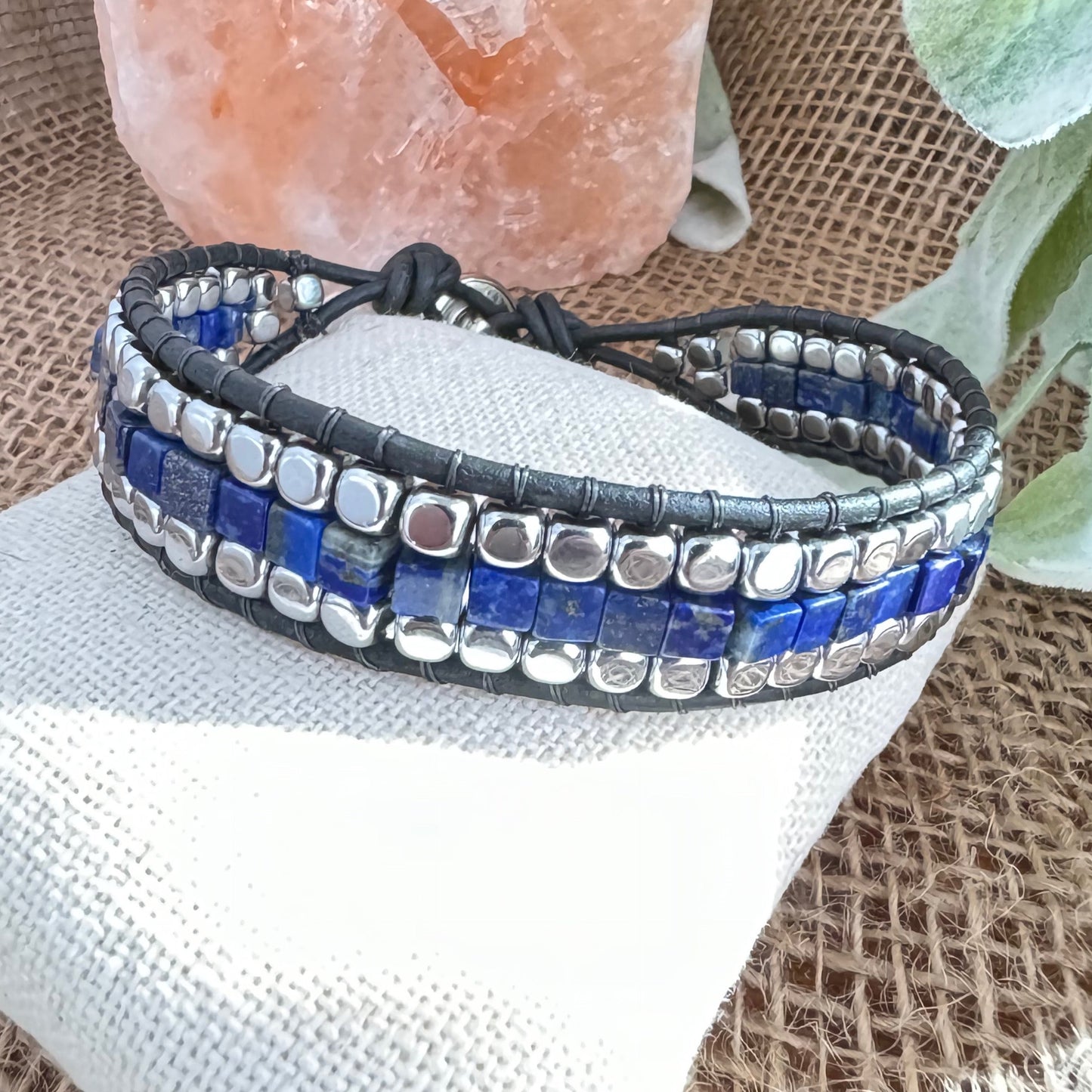 Lapis and Hematite Beaded Men’s black Leather Wrap Bracelet