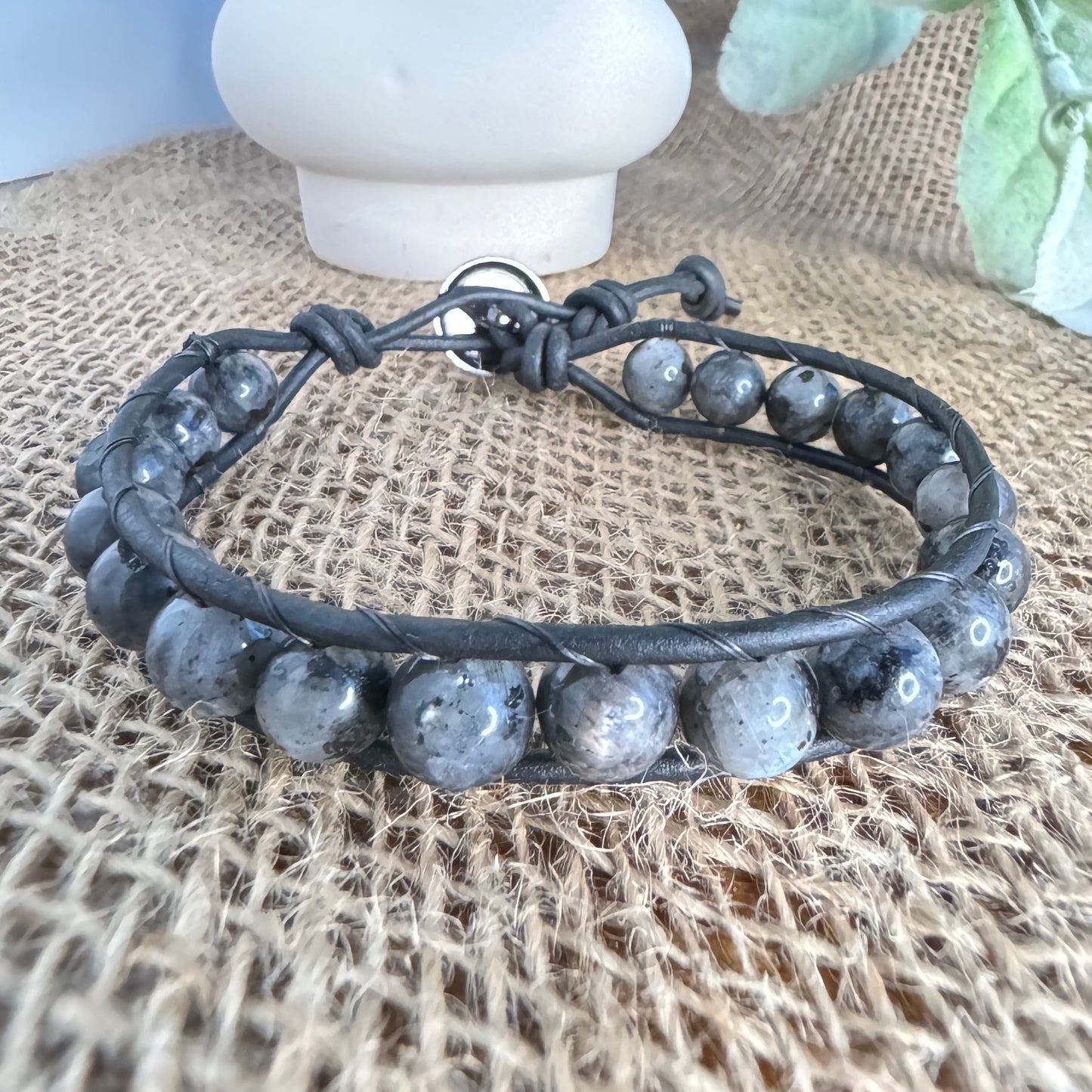 Labradorite Beaded Black Leather Bracelet - Energy and Intuition