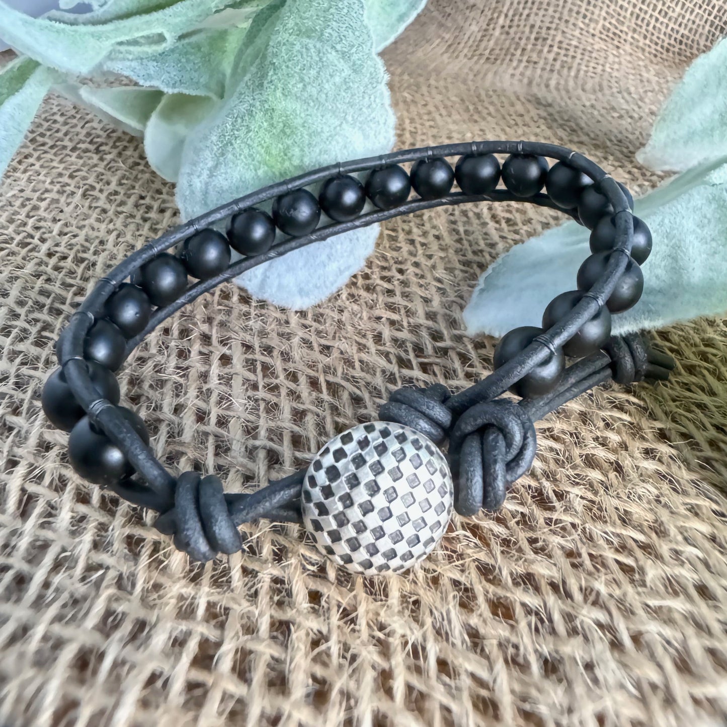 Black Onyx Beaded Leather bracelet