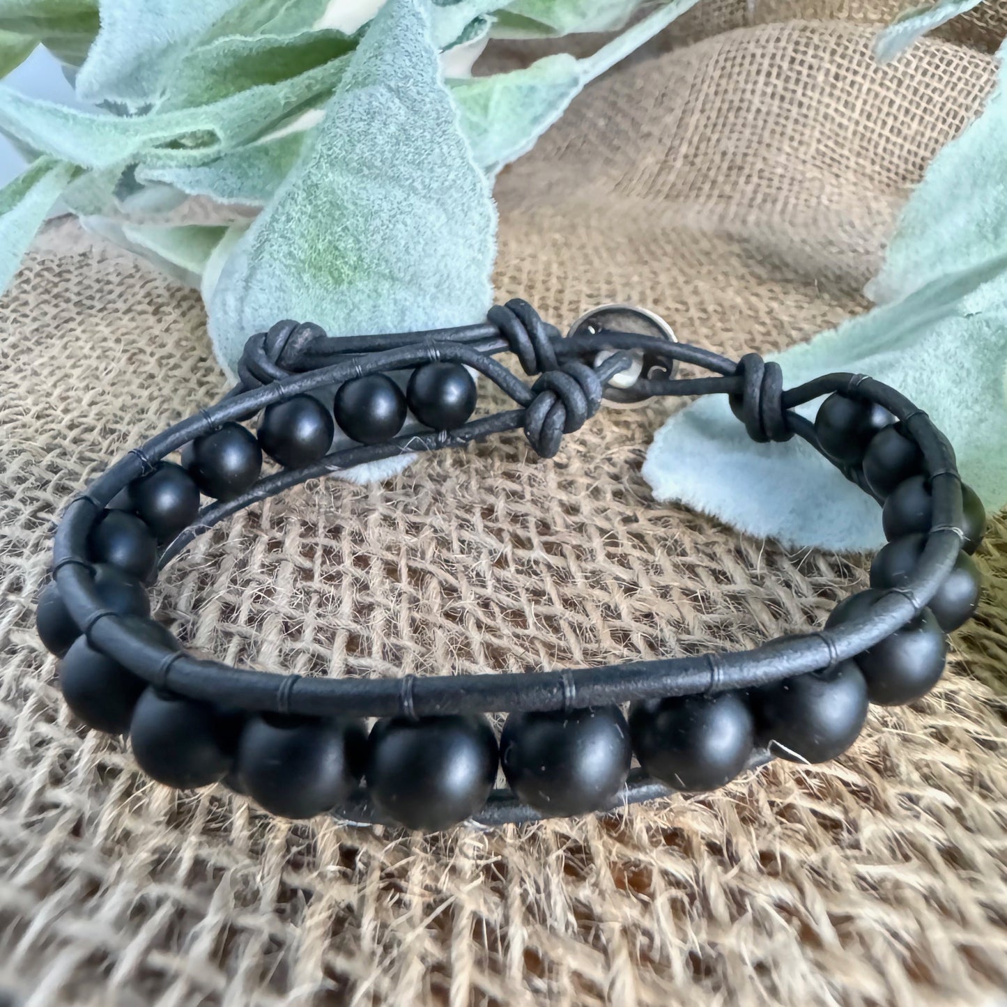 Matte Black Onyx Beaded Black Leather Bracelet - Protection