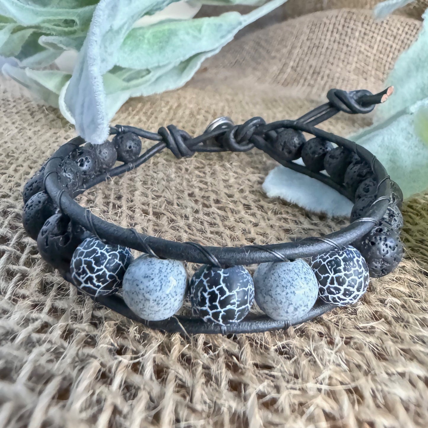 Black Lava with Agate Beaded Black Leather Bracelet - Multi color black Leather Bracelet