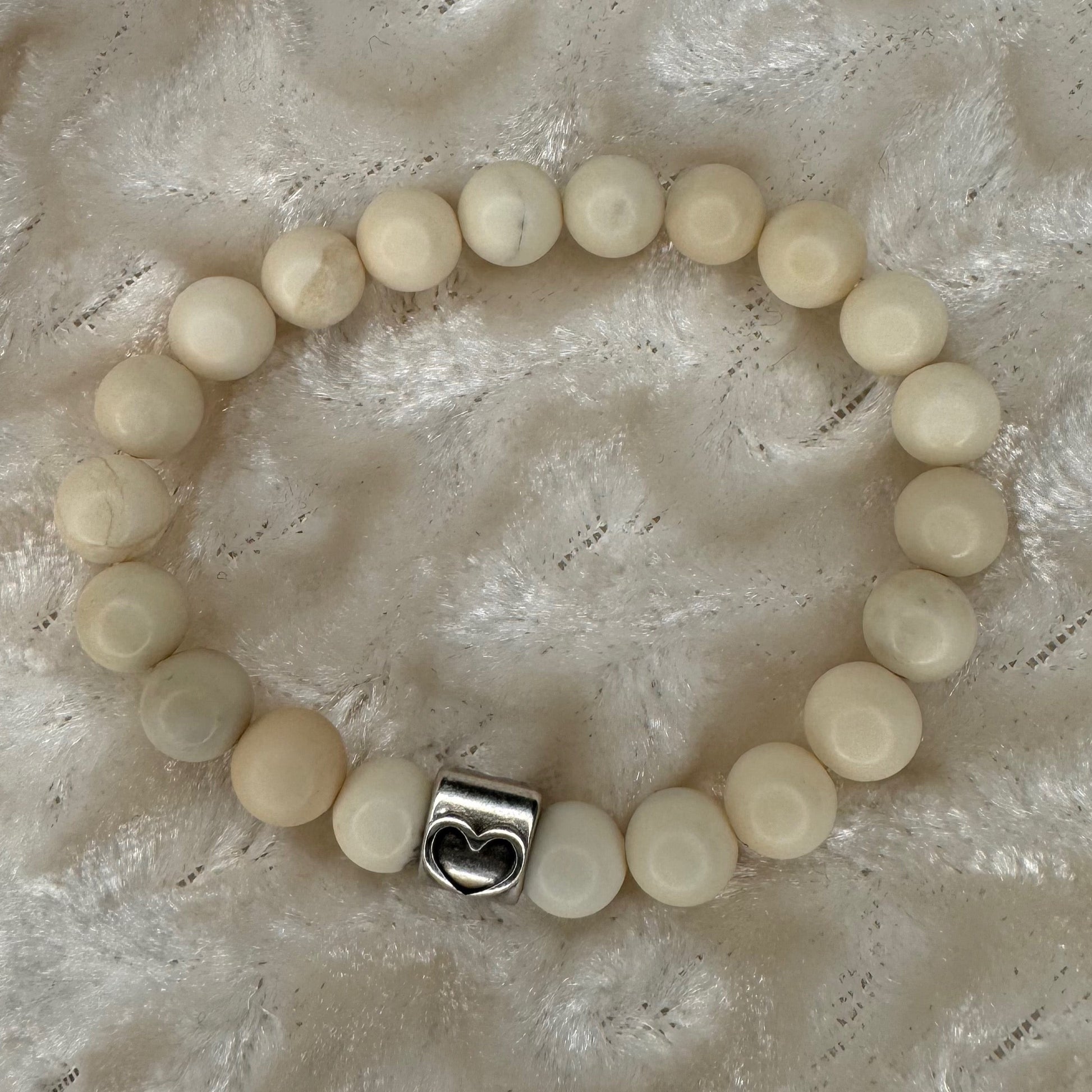 Natural Cream Jasper beaded stretch bracelet with sterling silver heart bead