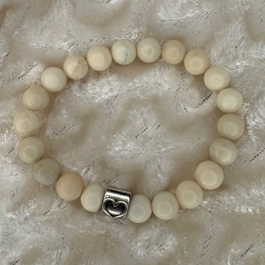 Natural Cream Jasper beaded stretch bracelet with sterling silver heart bead