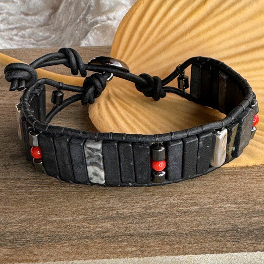 Blackstone and Jasper Beaded Leather Bracelet