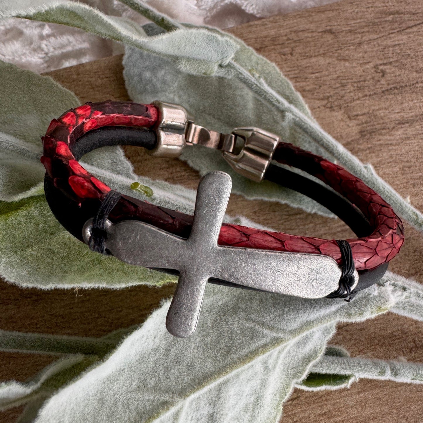 Red Python and Black Leather Cross Bracelet