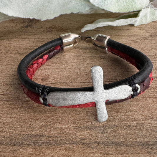 Red and Black cross leather bracelet