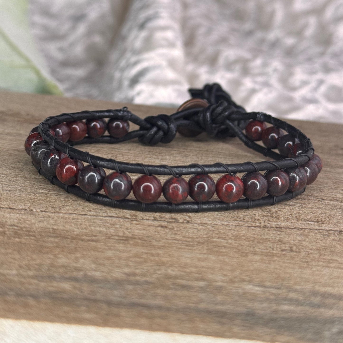 Brecciated Jasper Beaded Black Leather Bracelet - Stability