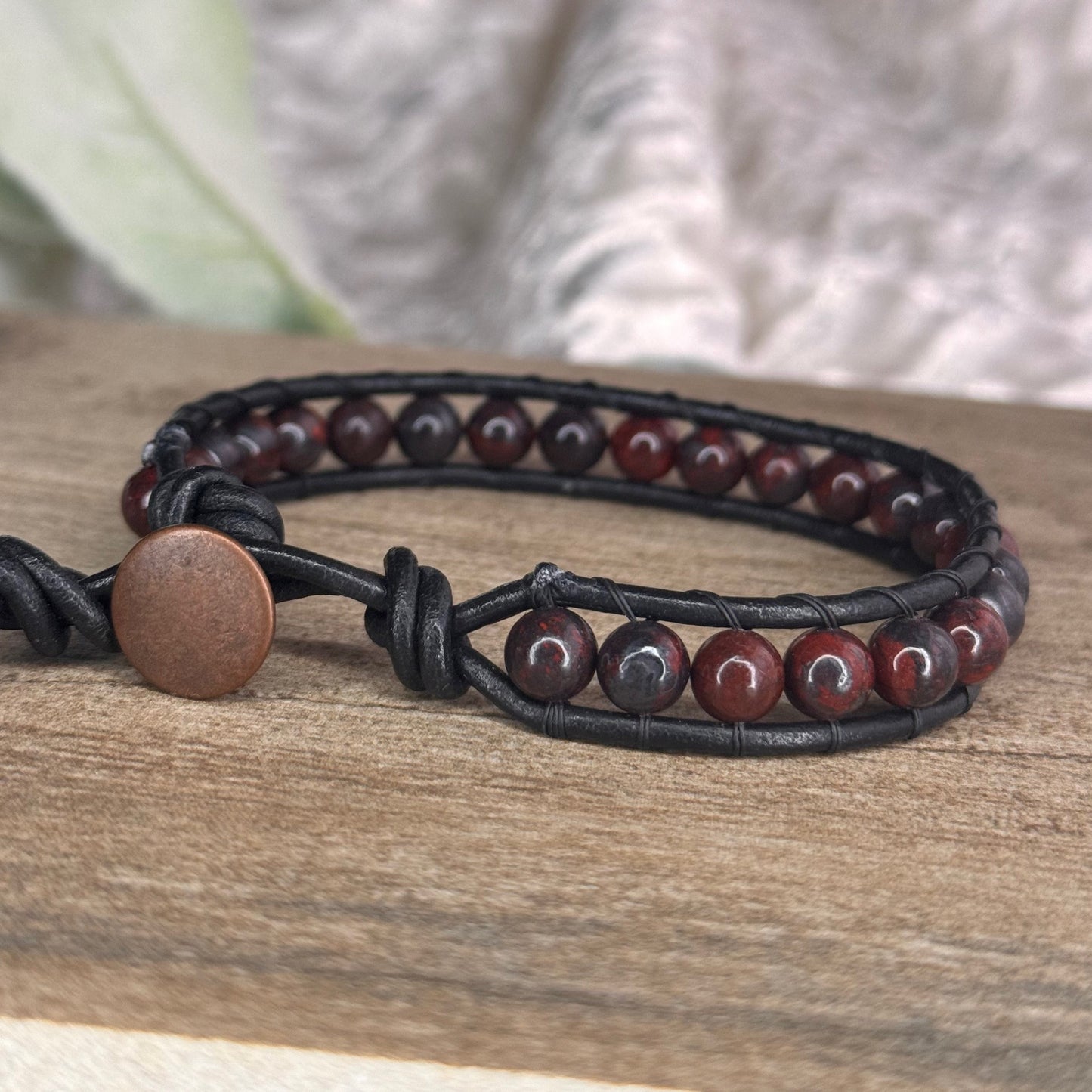 Brecciated Jasper Beaded Black Leather Bracelet - Stability