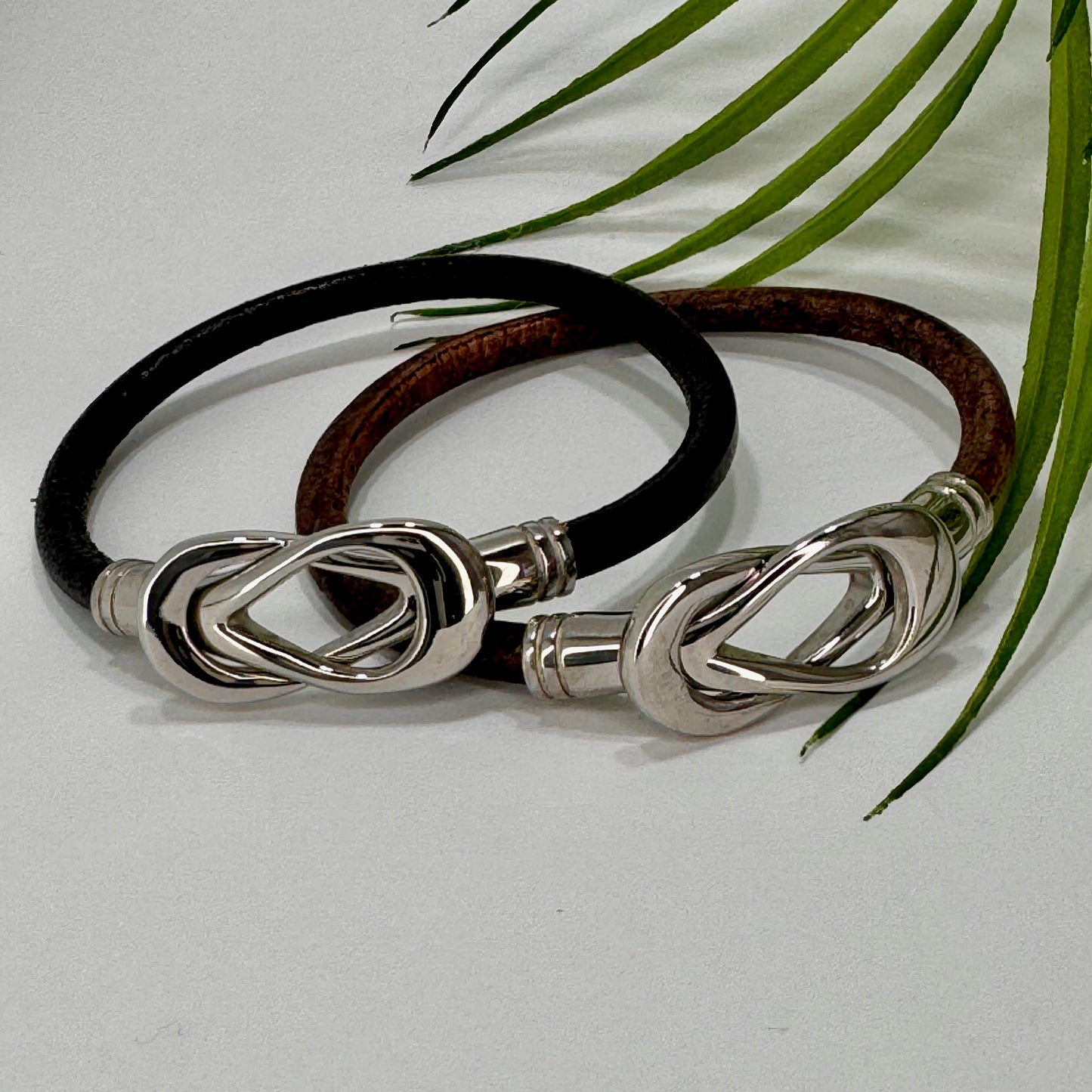 Black or Expresso Leather Cord Bracelet with Intertwined Magnetic Clasp