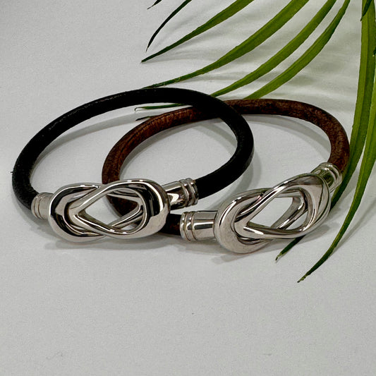 Black or Expresso Leather Cord Bracelet with Intertwined Magnetic Clasp