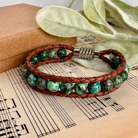 African Turquoise beaded brown leather bracelet with magnetic clasp