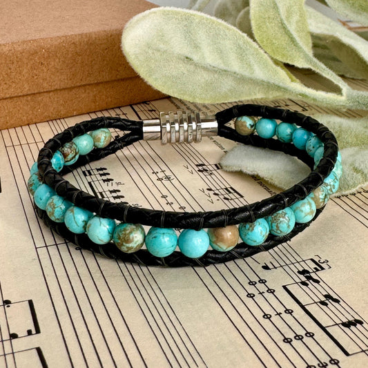 Turquoise beaded black leather bracelet with magnetic clasp