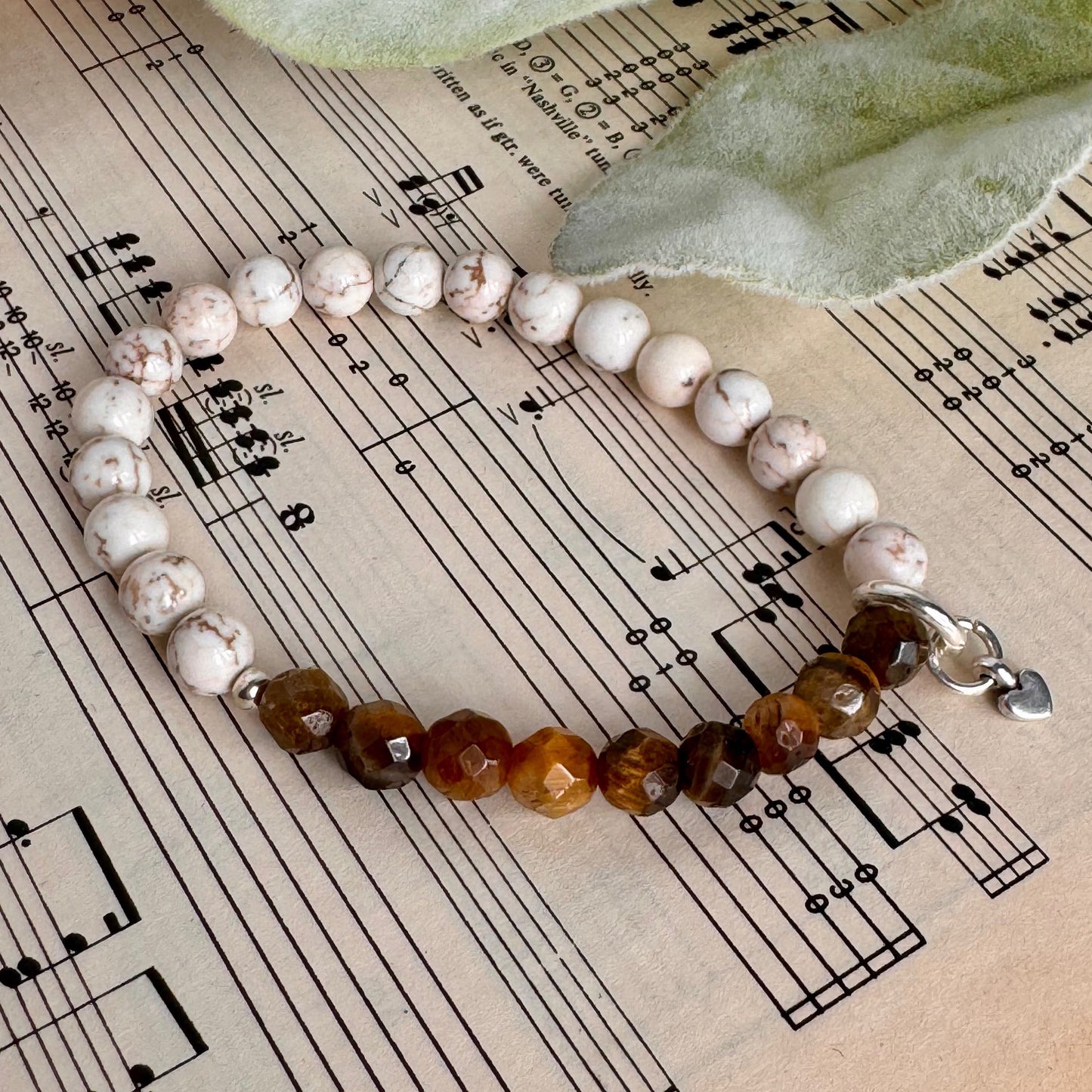 Tiger Eye and White Magnesite Stretch Bracelet with Silver heart - Courage