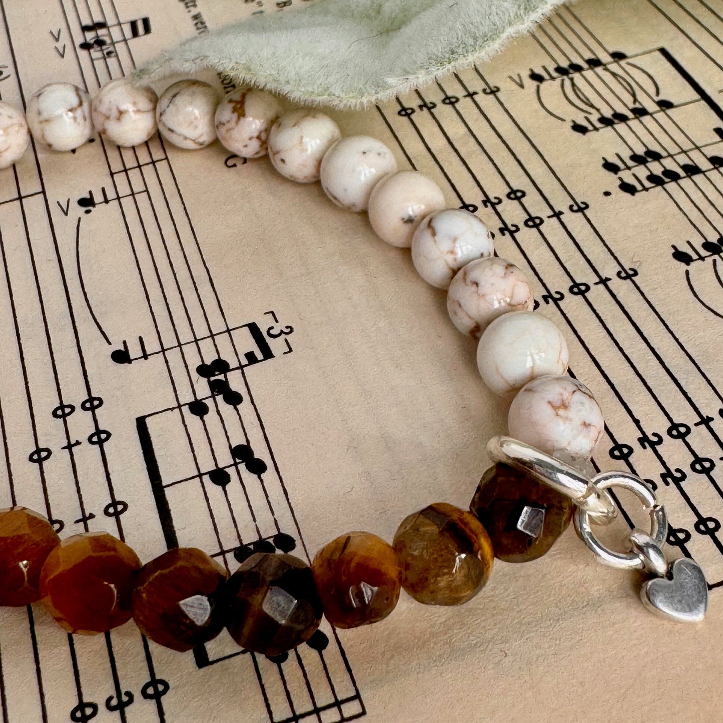 Tiger Eye and White Magnesite Stretch Bracelet with Silver heart - Courage