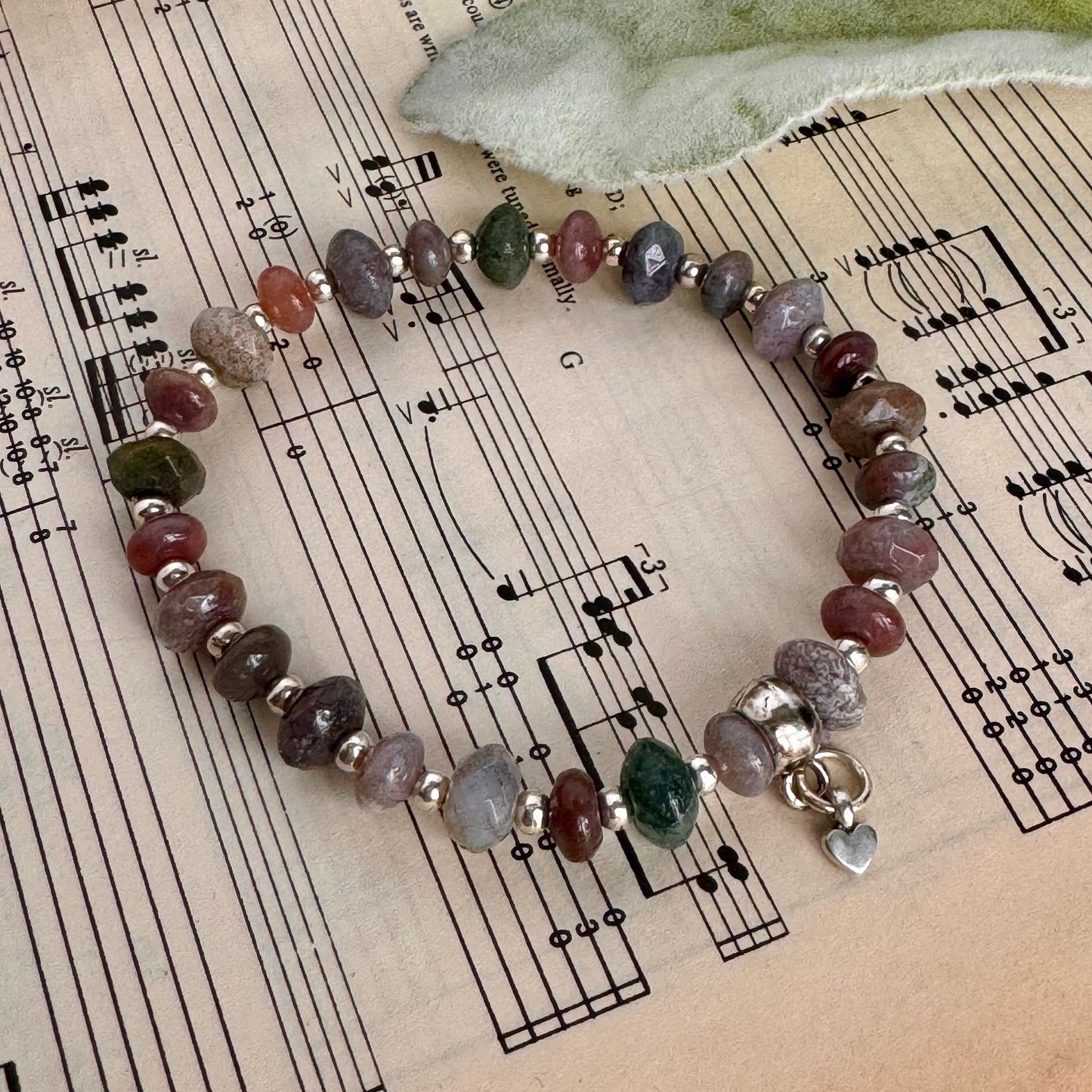 Fancy Jasper Beaded Stretch Bracelet with heart charm in Silver - Stability