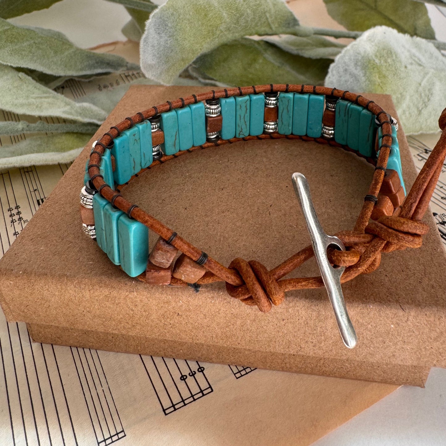 Turquoise & Tiger Skin Jasper Beaded Brown Leather Bracelet - Relax the Mind