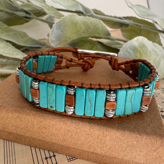 Turquoise & Tiger Skin Jasper Beaded Brown Leather Bracelet - Relax the Mind