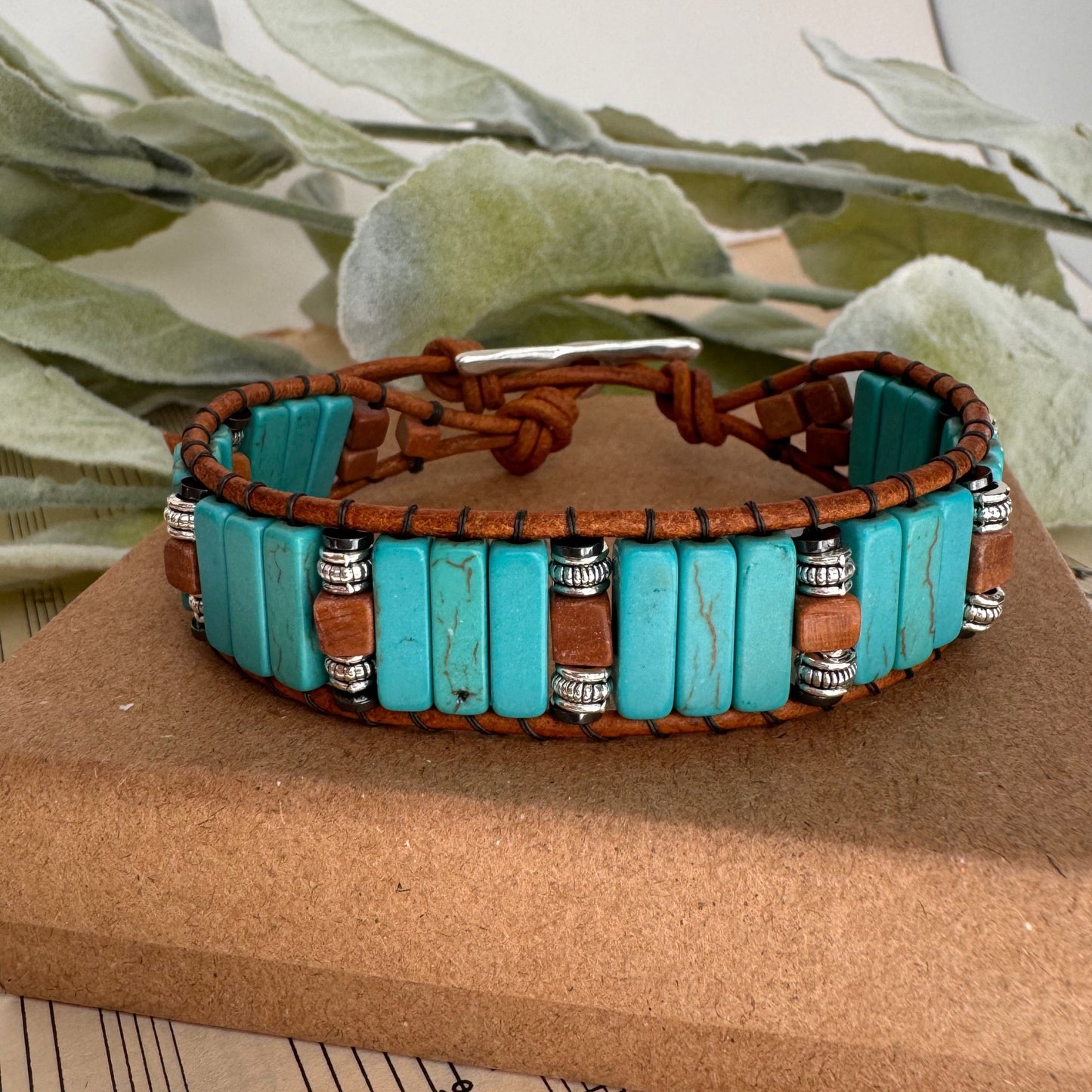 Turquoise & Tiger Skin Jasper Beaded Brown Leather Bracelet - Relax the Mind